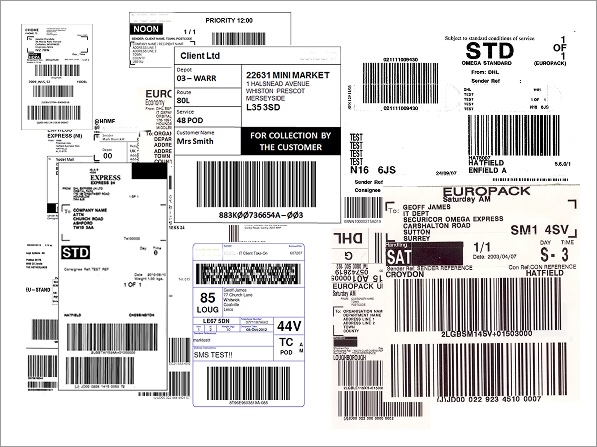 Old green and yellow delivery labels — inconsistent and hard to scan