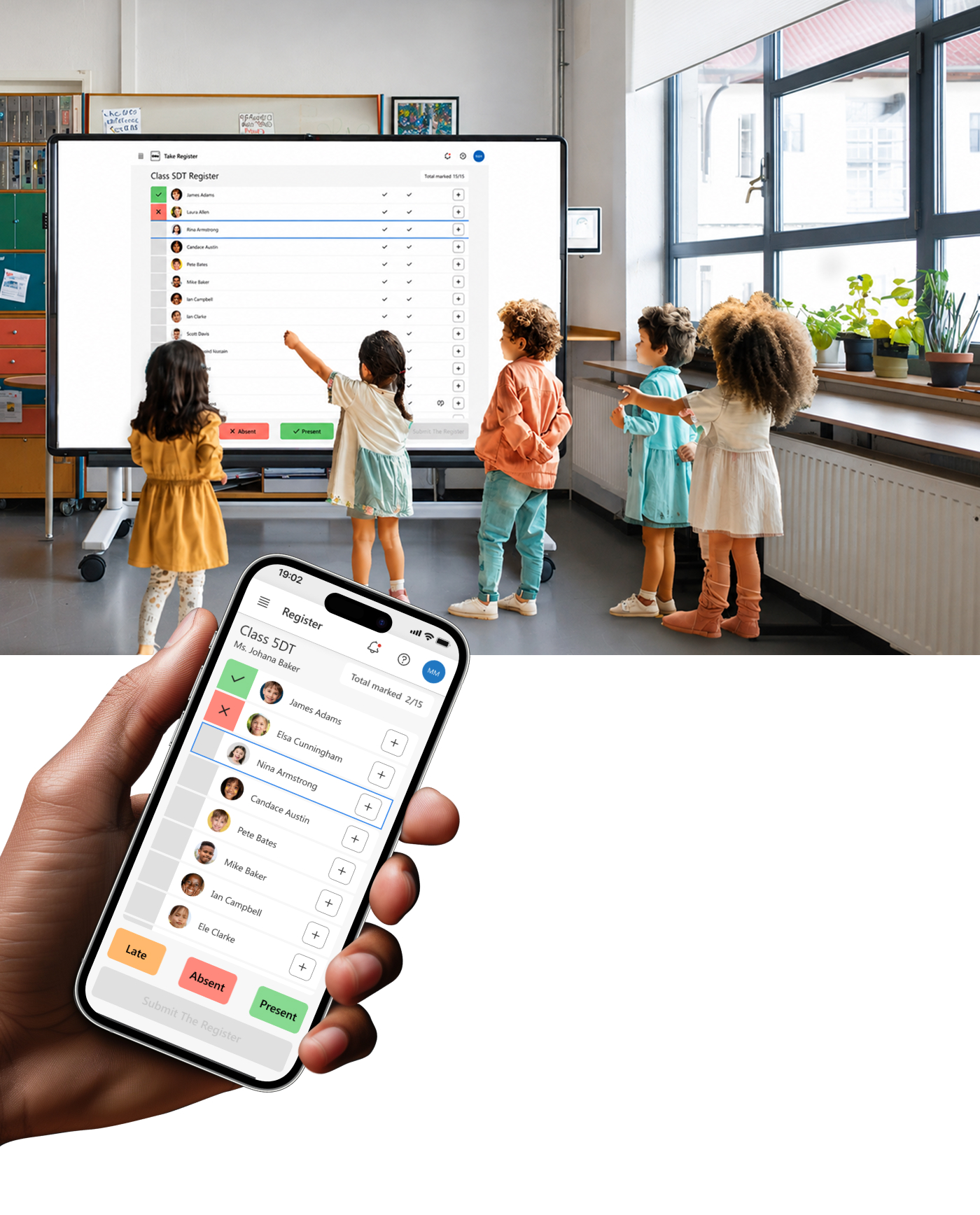 ESS classroom management app — interactive board composite